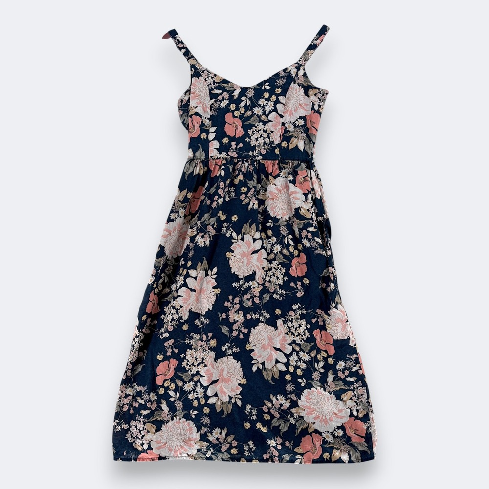 Cynthia Rowley Womens Floral Linen Midi Sun Dress 2 Navy Pink Botanical Boho